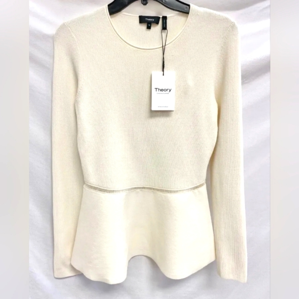 COPY - NEW THEORY Open Stitch Waist Compact Crepe Peplun Pullover Top Medium $3…